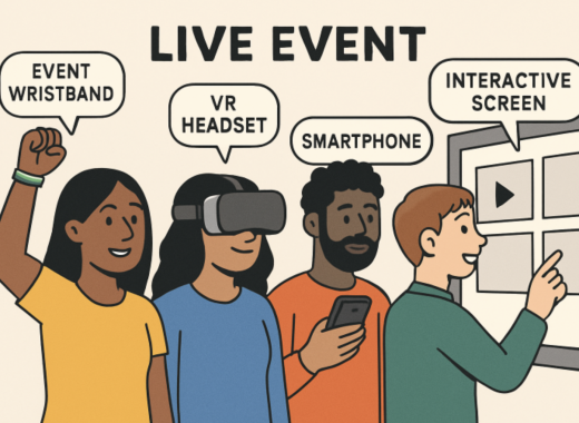 Cartoon Depiction of People Interacting with Technology at a Live Event